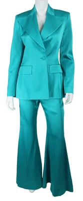 NINA RICCI Turquoise Blue Satin Peak Lapel Blazer & Flared Leg Pant Suit 36 - Image 1 of 4