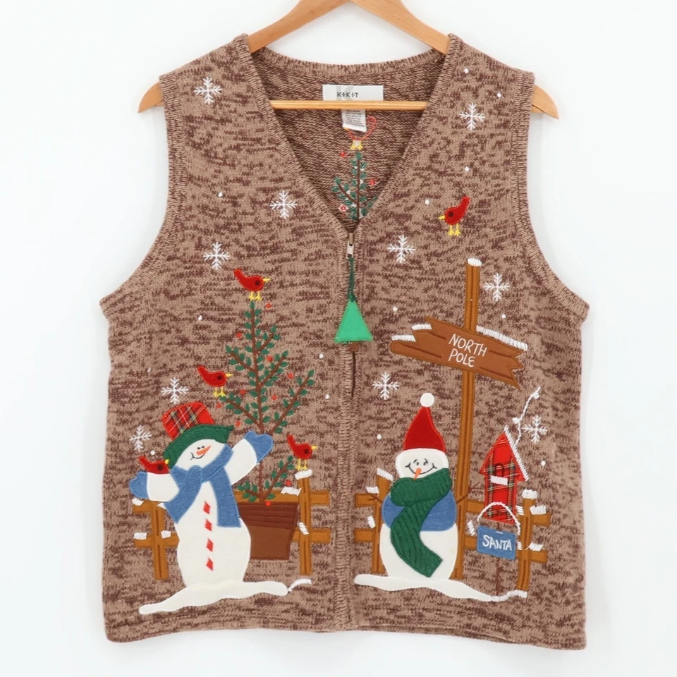 De Colección Años 90 Kikit Navidad Vacaciones Suéter Chaleco Polo Norte Muñeco de Nieve Cremallera Talla L Foto 1 de 4