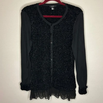 Cárdigan tejido Alfani negro brillante con volantes dobladillo puños de piel sintética para mujer talla grande Foto 1 de 4