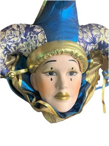 Vintage Karneval Porzellan Maske Gesicht Halskette Perlen Karneval Narr Harlekin - Bild 1 von 8