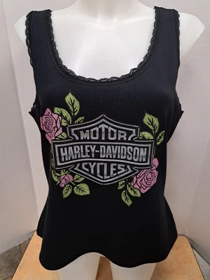 Camiseta sin mangas Harley-Davidson para mujer Rose & Thorn Bling encaje negra NUEVA Foto 1 de 4