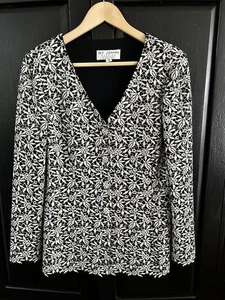 St. John Evening Knit Jacket Size 12 Marie Gray Black Floral Sequin Rhinestone - Picture 1 of 10