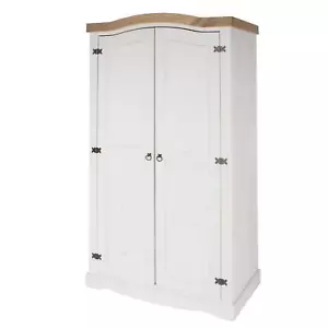 White Corona Pine Wardrobe 2 Door Hanging Rail Shelf Solid Wood Waxed Bedroom - Picture 1 of 4