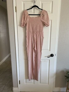 Jessica Simpson Women's Pink Check Smocked-Bodice Jumpsuit Size-medium - Picture 1 of 3