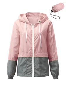 Womens Waterproof Raincoat Lightweight Color Block Jackets Windproof Hooded Jack - Picture 1 of 11