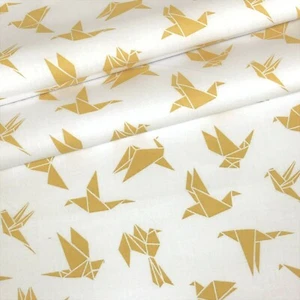ORIGAMI SWALLOW OCHRE YELLOW ON WHITE 100% COTTON FABRIC per metre - Picture 1 of 2