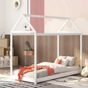 Wood Twin Size Kids House Bed Frame,Montessori Floor Bed for Toddler,White - Picture 1 of 12