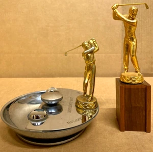 Vintage Golf Champion Trophy Ashtray and Golf Player Figure Wood Base Lot of 2 - Picture 1 of 12