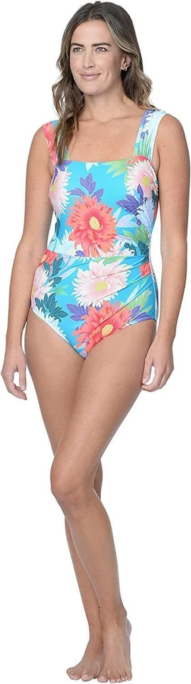 Jantzen L112222 Womens Blue Resume to Bloom Cap Sleeve Mio Swimsuit Size 8
