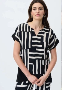 JOSEPH RIBKOFF STRIPE V-NECK TOP IN BLACK BEIGE 231157 Size: US 16 UK 18 - Picture 1 of 9