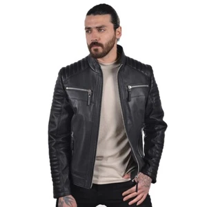Giacca Uomo Autentica Pelle di Agnello Nera Moto Elegante Moda Abbigliamento - Foto 1 di 8