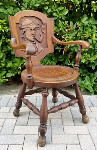 Antique George Arndt German Carved Man w/ Pipe Tavern Pub Chair Quarter Sawn Oak - Picture 1 of 10