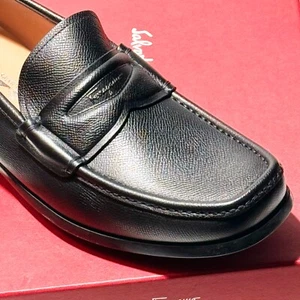 Ferragamo 9 D LANZAROTE Penny Black Pebbled Leather Dress Loafers Men's Casual - Picture 1 of 6