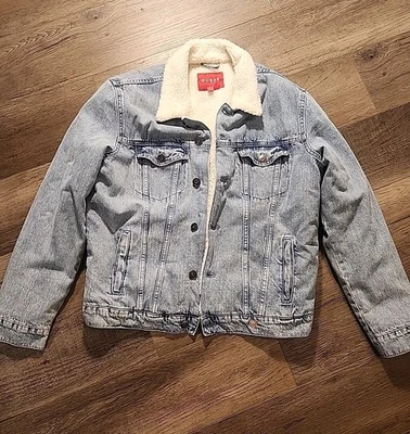 GUESS Los Angeles Sherpa-Lined Denim Trucker Jacket Men’s Large Blue Jean  - Image 1 of 4