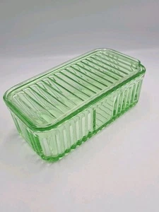 Vintage Green Uranium Depression Glass Rectangular Butter Dish Lidded Flawed - Picture 1 of 20