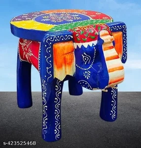 Indian Handmade Wooden Elephant Shape Multi Color Room Side Table Statue Stool - Picture 1 of 5