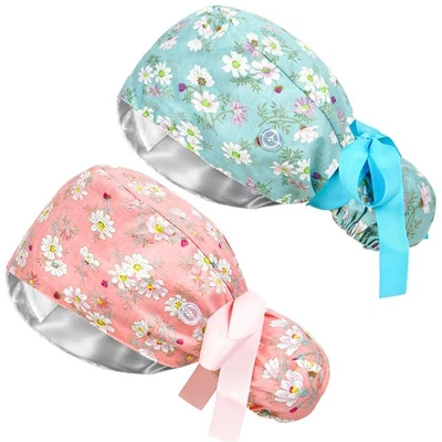 Gorras quirúrgicas para mujer, 2 piezas gorras exfoliantes forradas de satén para mujer cola de caballo, ajustables... Foto 1 de 4