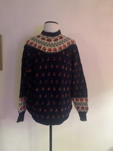 PENNY PLAIN,Shetland Style-Wool-Navy Mix Rose-Crew Neck-Jumper. One Size. Unworn - Picture 1 of 9