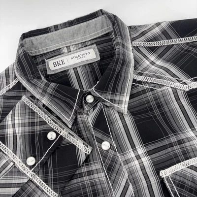 Camisa BKE Hebilla Botón L (SE ADAPTA A M) Atlética Negra Blanca Cuadros Perla A Presión Occidental Foto 1 de 4