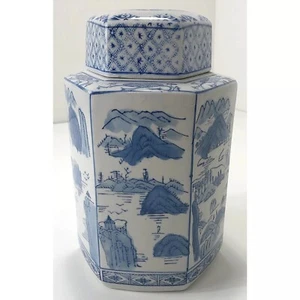 Vintage  Classic Chinese Ceramic 3-Scene Hexagon Tea Caddy Blue & White 1970’s - Picture 1 of 8