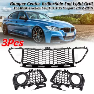 3PCS Bumper Grille & Side Fog Light Grill Set For BMW F30 F31 F35 M Sport 12-18 - Picture 1 of 12