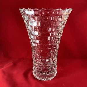 VINTAGE Fostoria American Glass Clear Cube Vase Fluted Flared Flower 10” Tall - Picture 1 of 4