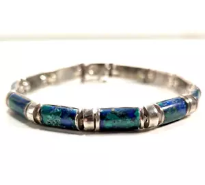 Vintage 925 Sterling Silver Azurite Blue Green 925 8" Bracelet Heavy 26.1g - Picture 1 of 11