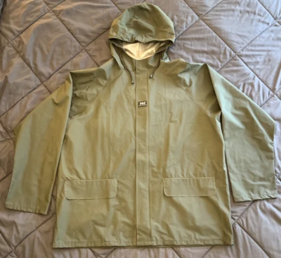 Helly Hansen Jacket Mens Extra Large XL Green PVC Rain Coat Hooded Outdoors - Image 1 of 4