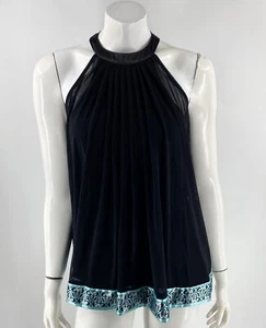 Nicole Miller Sleeveless Top 10 Black Teal A Line Swing Sheer Overlay Tie Neck - Picture 1 of 6