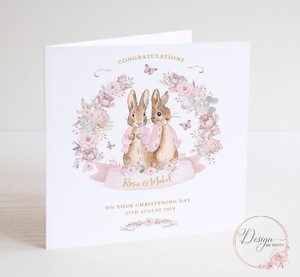 PETER RABBIT TWIN CHRISTENING Card - Baby Girls - Personalised