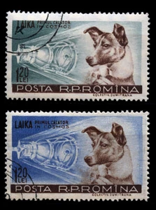 HUNDE in RAUMFAHRT RUSSISCHER HUND "Laika" RUMÄNIEN BRIEFMARKEN x 2 "gebraucht" 1957 - Bild 1 von 1