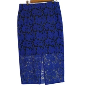 Diane Von Furstenberg Blue & Black Geometric Embroidered Pencil Skirt With Mesh - Picture 1 of 10
