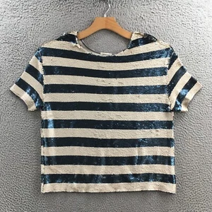 Silence + Noise Sequins Top Womens XS Beige Blue Striped Cap Sleeve Pullover - Picture 1 of 21