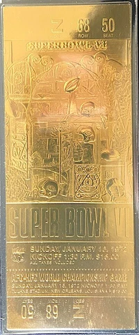 22KT GOLD SUPER BOWL 6 TICKET ~ Willabee & Ward DALLAS COWBOYS vs MIAMI DOLPHINS Cover