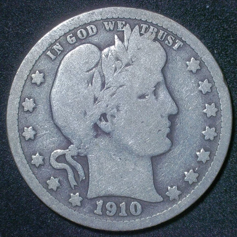 1910 P Barber Quarter Good G US Silver Coin 25c Cover