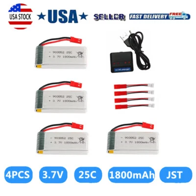 4Pcs 1800mah 3.7V Lipo Battery JST Plug with USB Charger for RC Quadcopter Drone - Image 1 of 4