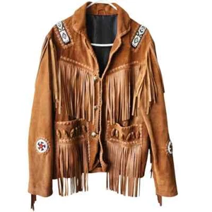 Hombres Nativo Americano Occidental Vaquero Gamuza Cuero Chaqueta Flecos y Abrigo con Cuentas - Imagen 1 de 5