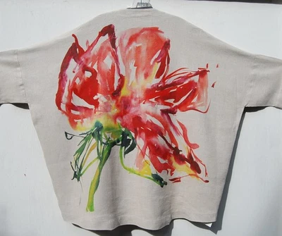 Beautiful! Eskandar LARGE ABSTRACT FLOWER PRINT Natural Linen 34" Long Jacket - Image 1 of 4