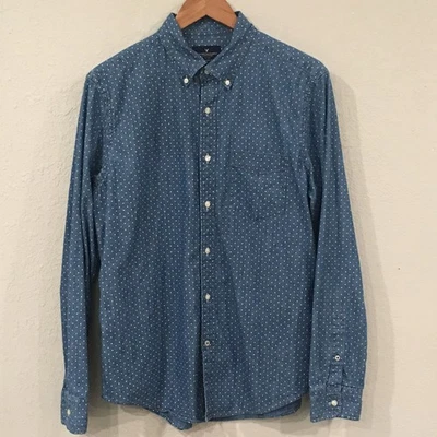 Camisa de hombre American Eagle azul denim con botones manga larga 100 % algodón occidental Foto 1 de 4
