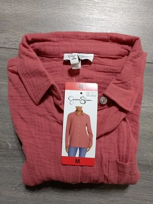 Jessica Simpson Shirt Adult Womens Medium Red Gauze Long Sleeve Button-Up - Image 1 of 4