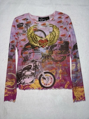 Vintage Harley Davidson Sheer Tattoo Shirt Size XL Pink Rhinestone Y2K Baby Tee - Image 1 of 4