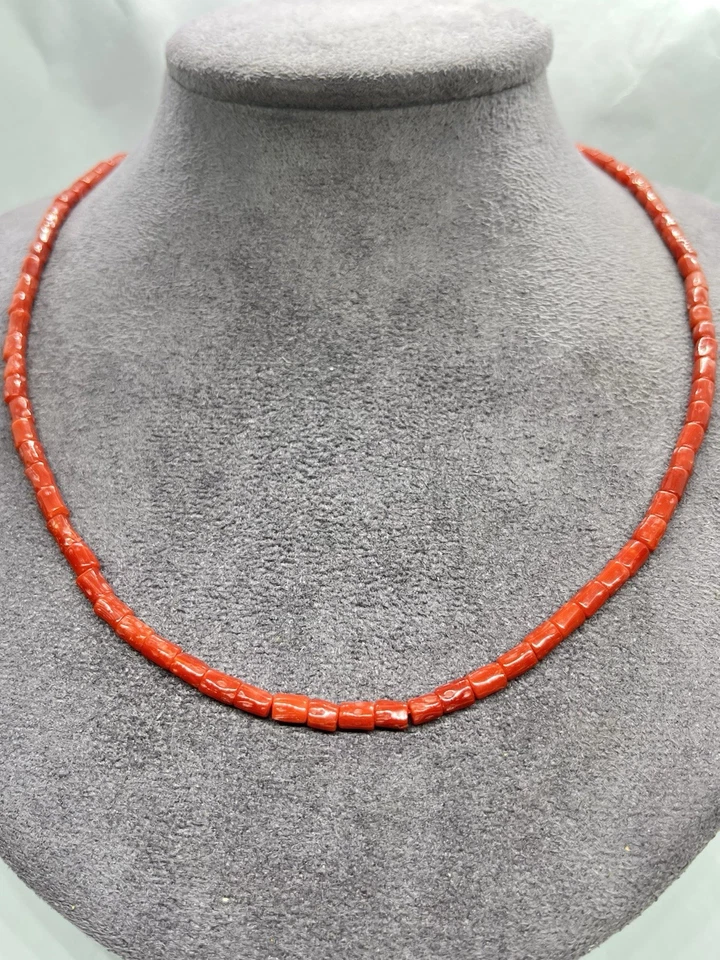 Collana Corallo Rosso Mediterraneo Naturale-46cm-Cannette 5mm-Argento 925 - Immagine 1 di 4