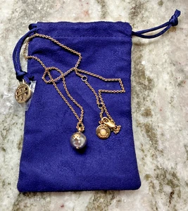 Authentic Tory Burch Ivory Gold Logo Grey Pearl Chain Necklace w/Bag 18" - Picture 1 of 9