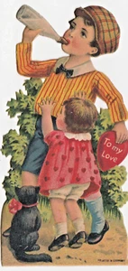 Antique Childrens Die cut Valentine Greeting Card~Boy Drinks, Cat & Girl Look on - Picture 1 of 2