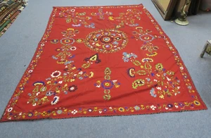 VINTAGE ANTIQUE UZBEK HANDMADE EMBROIDERY SUZANI 61" X 82" TABLECLOTH HANGING - Picture 1 of 9