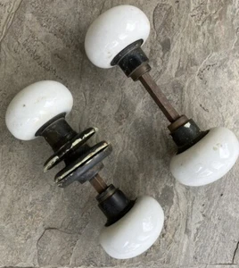 Lot of 2 Vintage White Porcelain Brass Door Knobs w/Stem Solid - Picture 1 of 5