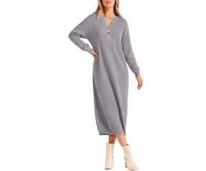 Flamingals Women's 2024 Fall Knit Sweater Dress Long Sleeve Button V Neck Loose - Picture 1 of 5