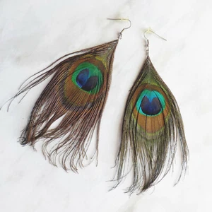 Peacock Feather Statement 2 Earrings XL Plumas Maya Peafowl Aretes Dainty Boho - Picture 1 of 8