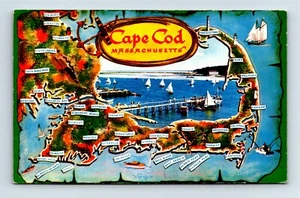 "Cape Cod Massachusetts" State Map Postcard Sailing, Speed & Fishing Boats - Picture 1 of 3
