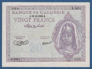 ARGELIA / ALGERIA -- 20 FRANCS ( 25.10.1943 ) -- MBC- / VF -- PICK 92a . - Imagen 1 de 2